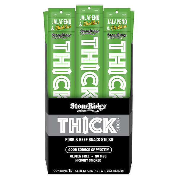 Jalapeno Cheddar Thick Stick 1.5 ounces in 15 pack with clear background.